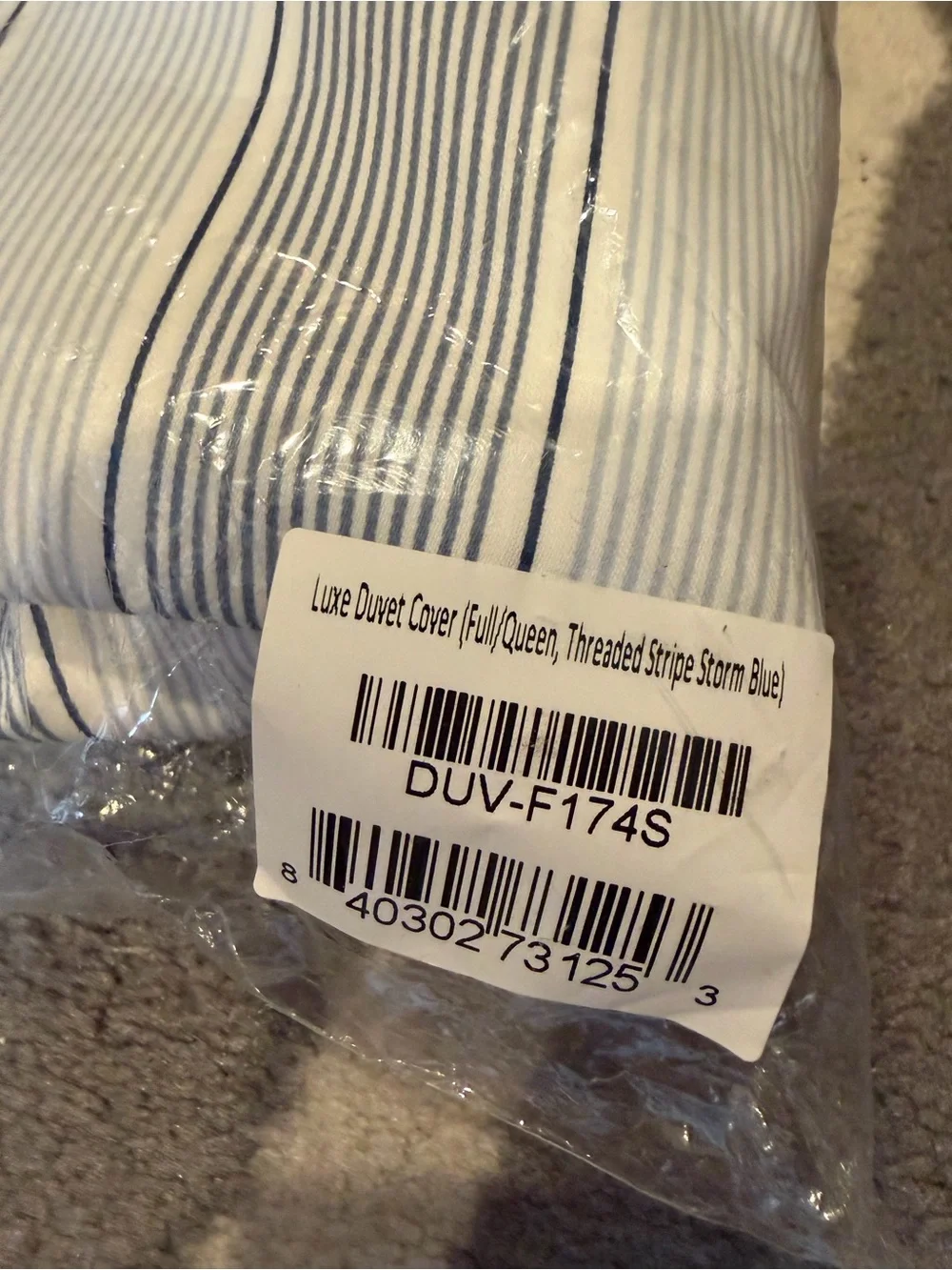 Brooklinen Luxe Sateen Threaded Stripe Duvet Cover in Storm Blue and White